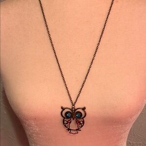 Owl Pendant Necklace with Blue and Brown Accents